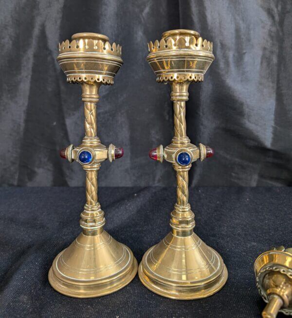 Hart Son Peard & Co C1880 Pair of Gothic Revival Three Branch Church Candelabra