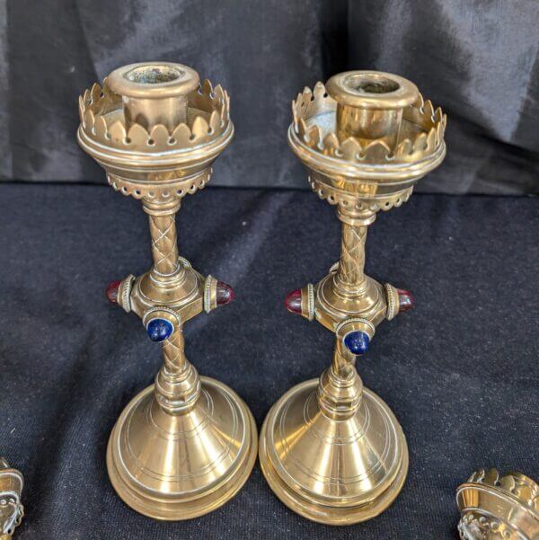 Hart Son Peard & Co C1880 Pair of Gothic Revival Three Branch Church Candelabra