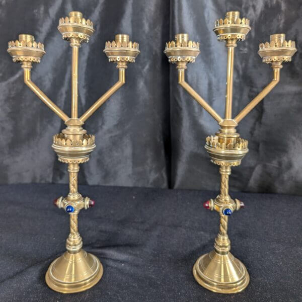 Hart Son Peard & Co C1880 Pair of Gothic Revival Three Branch Church Candelabra