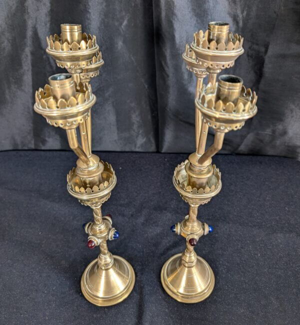 Hart Son Peard & Co C1880 Pair of Gothic Revival Three Branch Church Candelabra