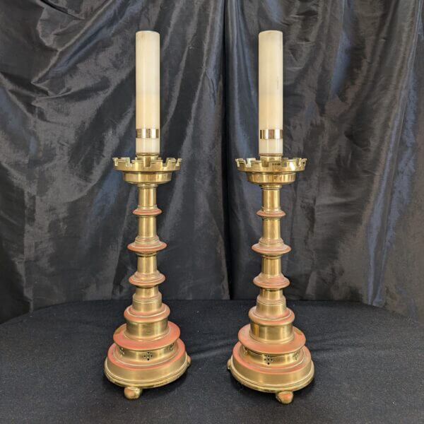 Grand Large Pair of Brass Neo-Gothic Church Altar Candlesticks by Hart Son Peard & Co C1880