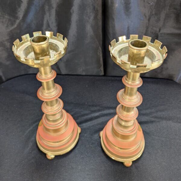 Grand Large Pair of Brass Neo-Gothic Church Altar Candlesticks by Hart Son Peard & Co C1880