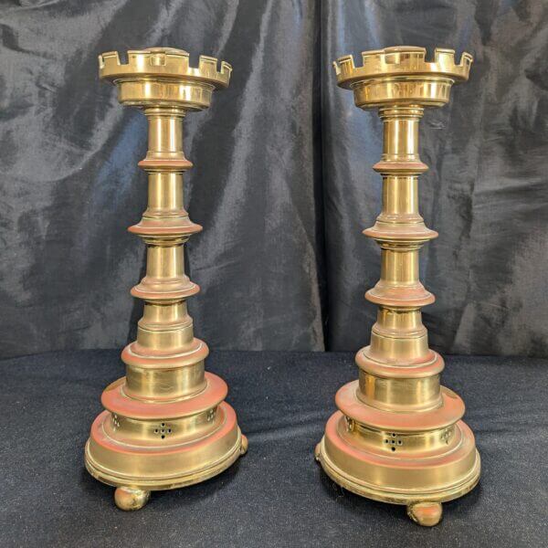 Grand Large Pair of Brass Neo-Gothic Church Altar Candlesticks by Hart Son Peard & Co C1880