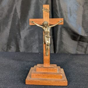 Post-War Oak & Gold Coloured Metal Small Table Crucifix from St Barnabas Epsom