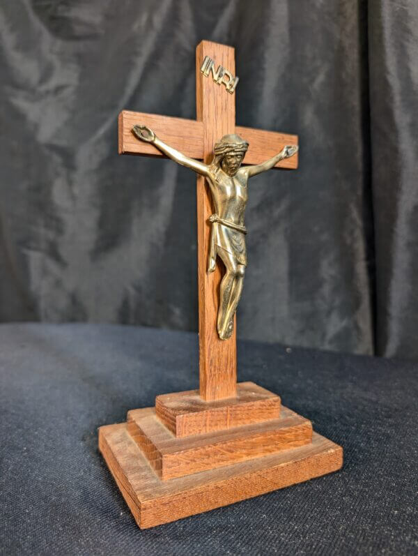 Post-War Oak & Gold Coloured Metal Small Table Crucifix from St Barnabas Epsom