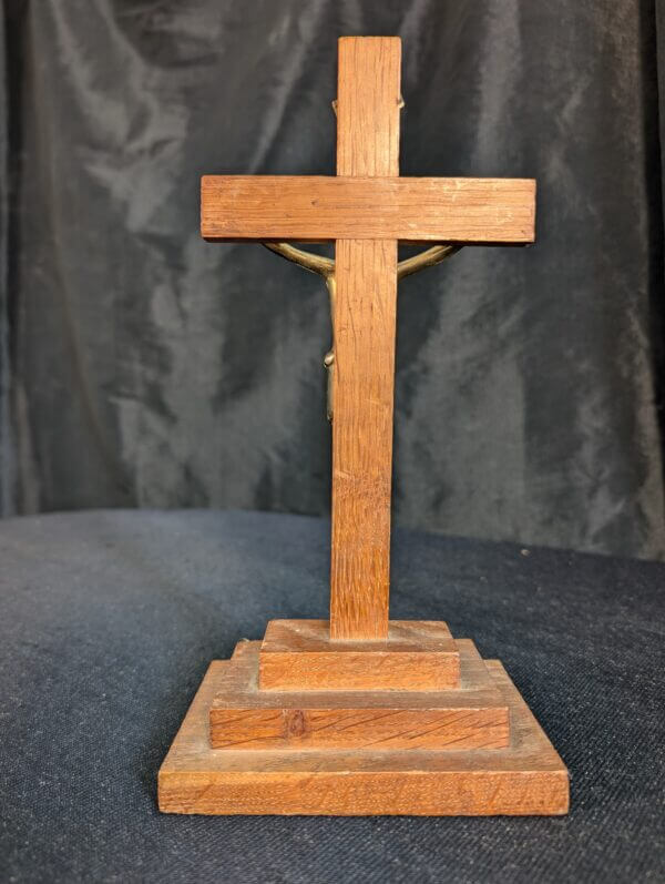 Post-War Oak & Gold Coloured Metal Small Table Crucifix from St Barnabas Epsom