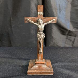 1922 Hallmarked Solid Silver & Oak Excellent Quality Small Antique Table Crucifix