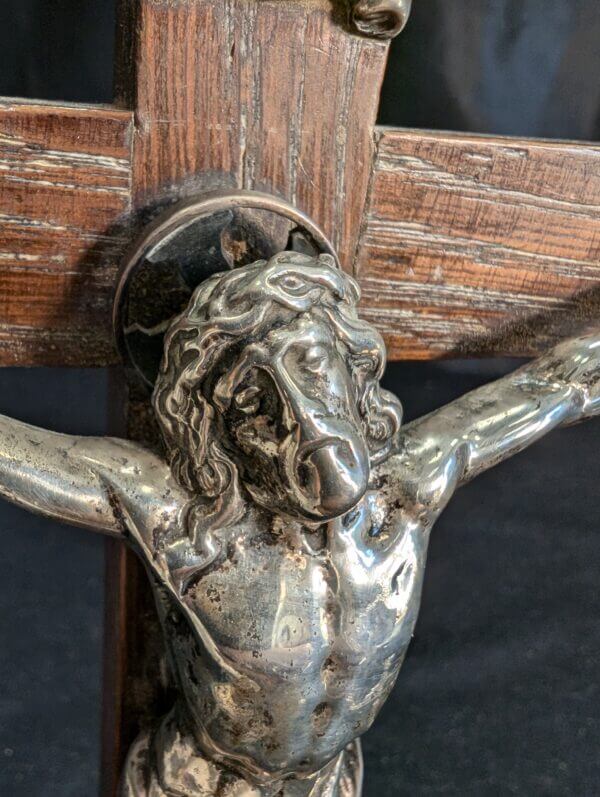 1922 Hallmarked Solid Silver & Oak Excellent Quality Small Antique Table Crucifix