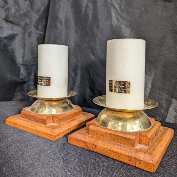 Modern Oak & Brass Low Church Altar Candlesticks