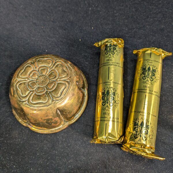 Antique Brass 'English Rose' Incense Holder with Two Sticks of Censer Charcoal