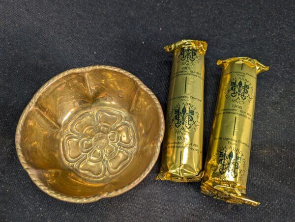 Antique Brass 'English Rose' Incense Holder with Two Sticks of Censer Charcoal