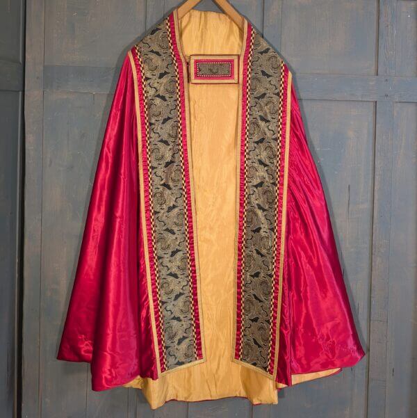 Outstanding Ruby Red Silk Cope with Gold Black Foliate Orphreys