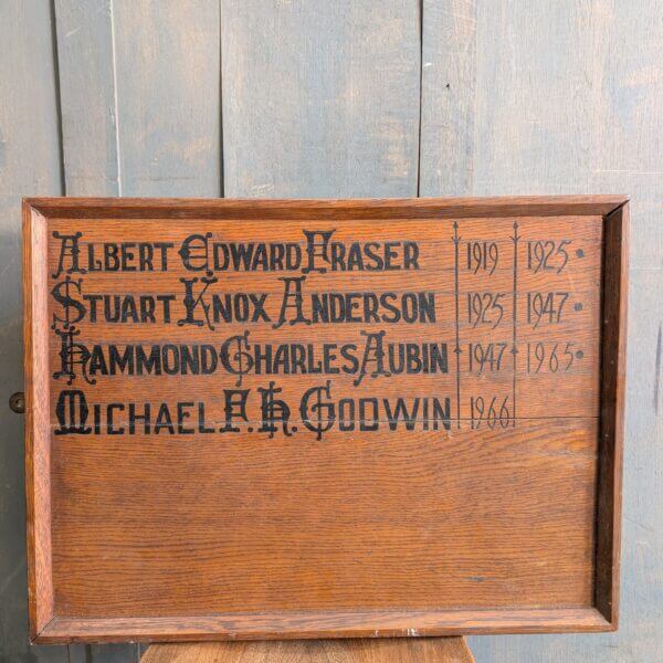 Antique Oak Board Recording the Incumbent Priests of St Barnabas Epsom