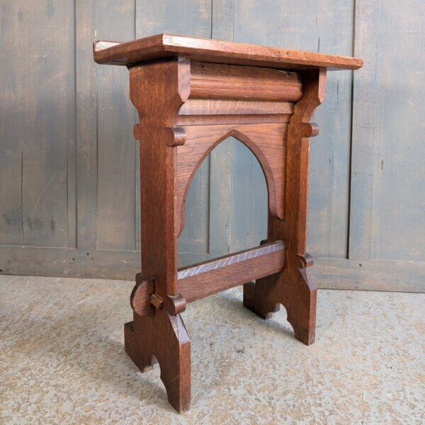 Small Neo-Gothic Antique Oak Arched Credence Table with Stretcher