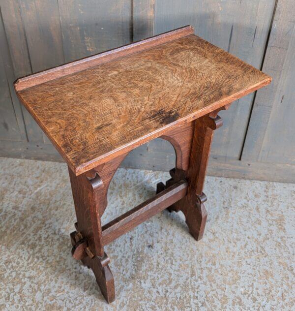 Small Neo-Gothic Antique Oak Arched Credence Table with Stretcher