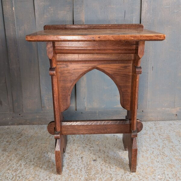 Small Neo-Gothic Antique Oak Arched Credence Table with Stretcher