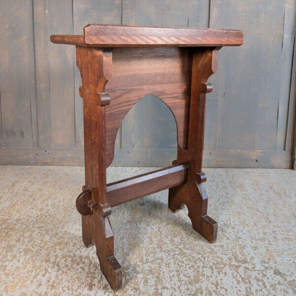 Small Neo-Gothic Antique Oak Arched Credence Table with Stretcher