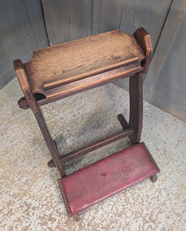 Simple Antique Oak 'Sleigh' Type Prayer Desk Prie Dieu with Red Kneeler