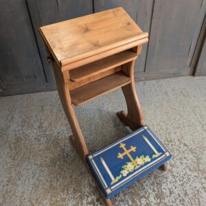 Customised Antique Baltic Pine Prayer Desk Prie Dieu with Two Shelves & Embroidered Kneeler