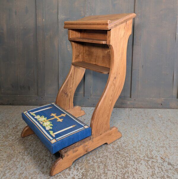 Customised Antique Baltic Pine Prayer Desk Prie Dieu with Two Shelves & Embroidered Kneeler