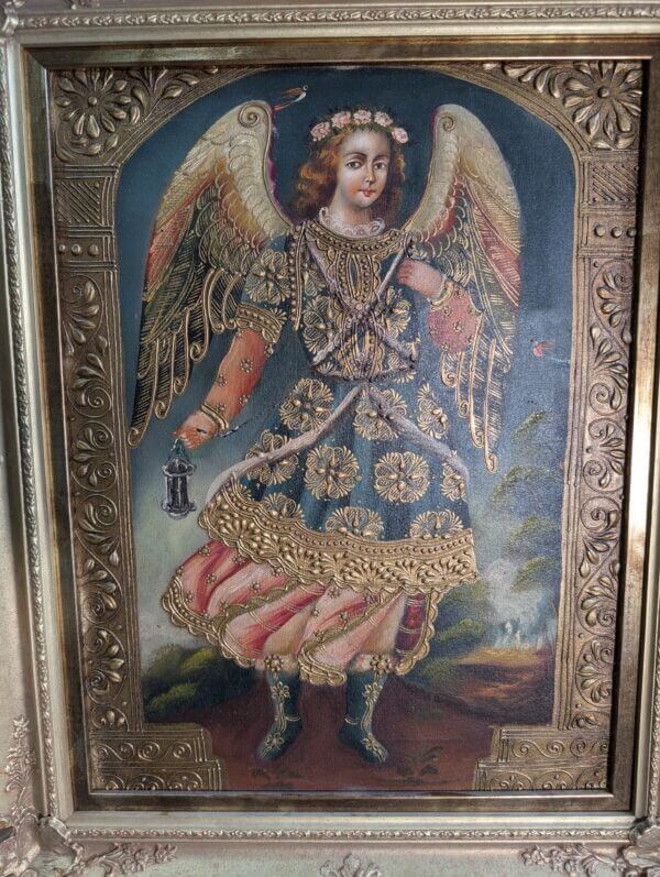 'Angel with Censer' Peruvian Cusco Style Painting Framed in UK