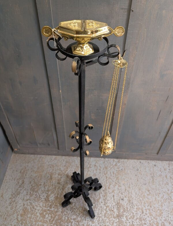 Vintage Cast and Wrought Iron Thurible Censer Stand with Shelf for Incense Boat