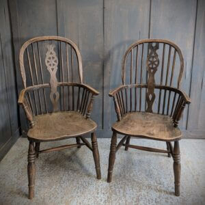 Two Matching Vintage Elm and Beech High Back Windsor Armchairs