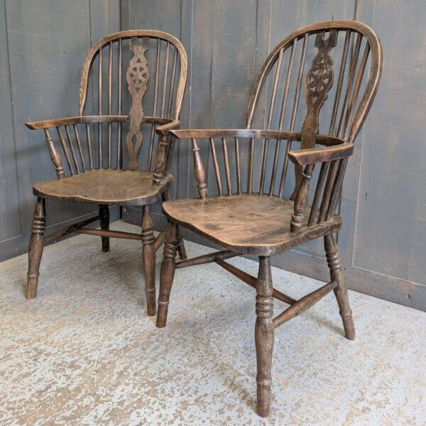 Two Matching Vintage Elm and Beech High Back Windsor Armchairs