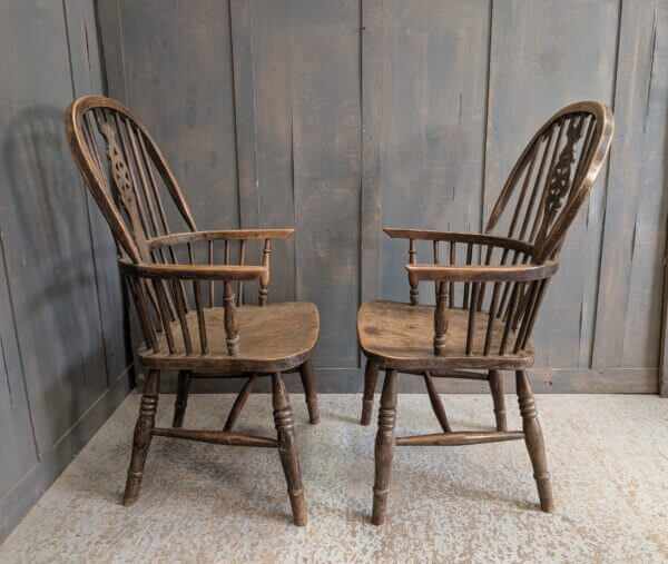 Two Matching Vintage Elm and Beech High Back Windsor Armchairs