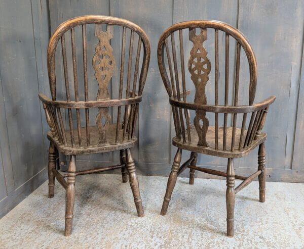 Two Matching Vintage Elm and Beech High Back Windsor Armchairs