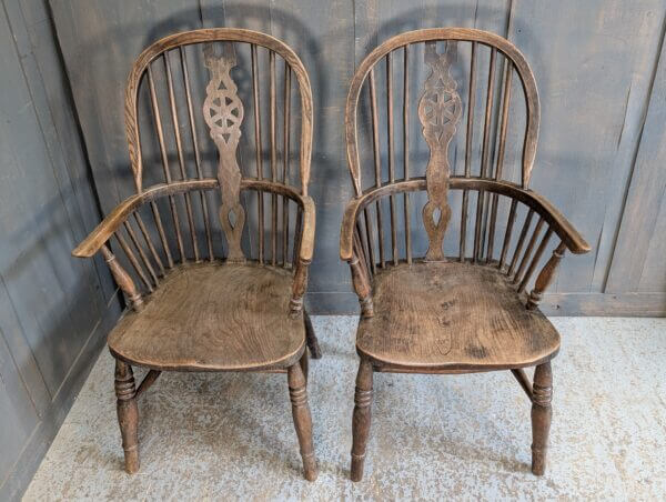 Two Matching Vintage Elm and Beech High Back Windsor Armchairs