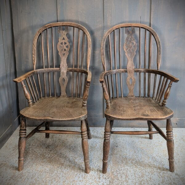 Two Matching Vintage Elm and Beech High Back Windsor Armchairs