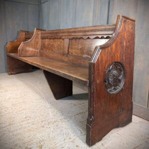 Antique Carved Oak Church Chapel Choir Pew Bench with Frilled Back Panel & Separate Seat for Choir Masters