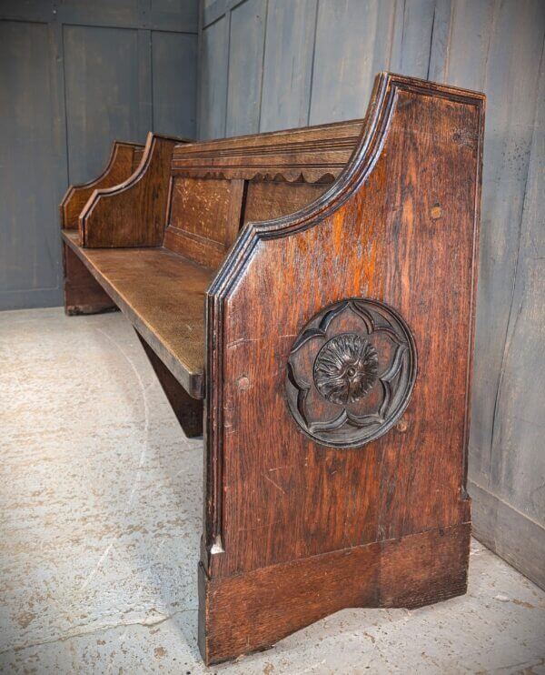 Antique Carved Oak Church Chapel Choir Pew Bench with Frilled Back Panel & Separate Seat for Choir Masters