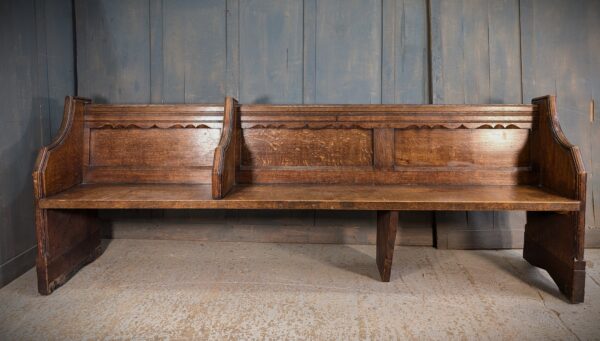 Antique Carved Oak Church Chapel Choir Pew Bench with Frilled Back Panel & Separate Seat for Choir Masters