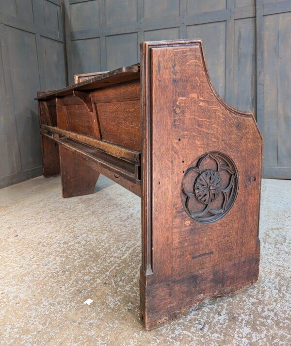 Antique Carved Oak Church Chapel Choir Pew Bench with Frilled Back Panel & Separate Seat for Choir Masters