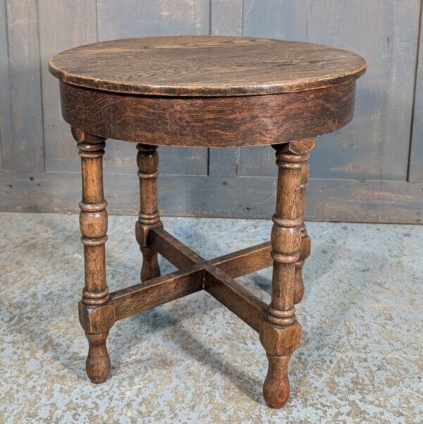 Small Circular Vintage Oak Drum Shaped Table from Worth Abbey