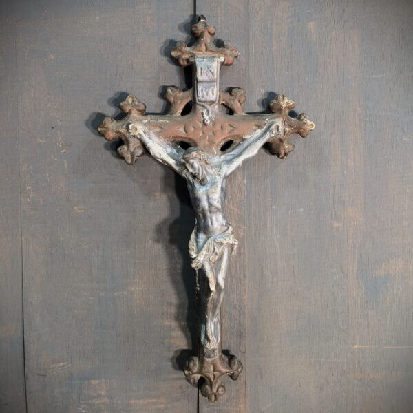 Unusual One Piece 1940's Vintage French Plaster Silver & Brown Crucifix