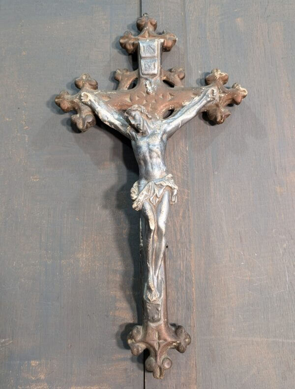 Unusual One Piece 1940's Vintage French Plaster Silver & Brown Crucifix