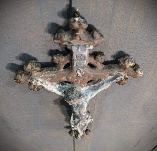 Unusual One Piece 1940's Vintage French Plaster Silver & Brown Crucifix