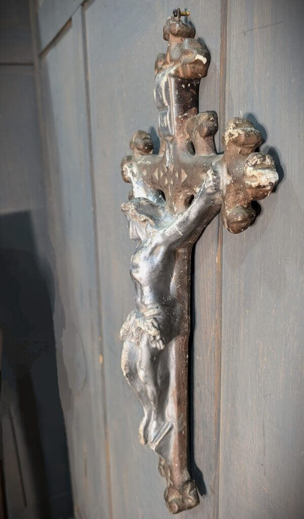 Unusual One Piece 1940's Vintage French Plaster Silver & Brown Crucifix