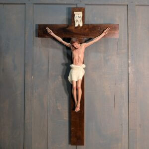 Large Carved Wooden German Crucifix Painted Lime Wood Figure on Oak Cross