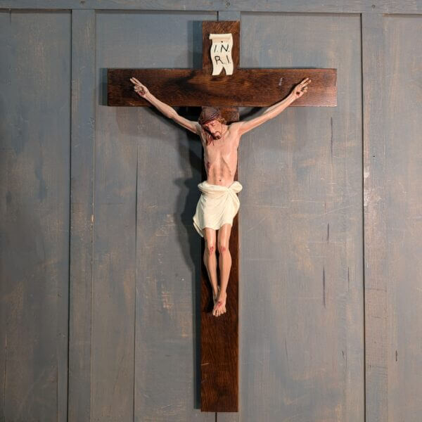 Large Carved Wooden German Crucifix Painted Lime Wood Figure on Oak Cross