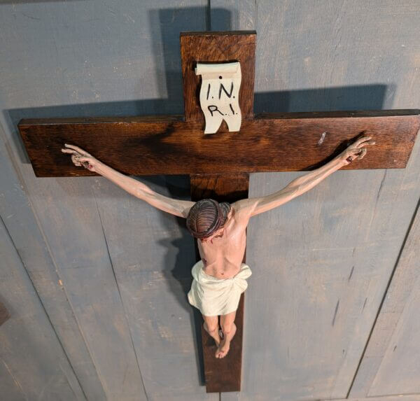 Large Carved Wooden German Crucifix Painted Lime Wood Figure on Oak Cross