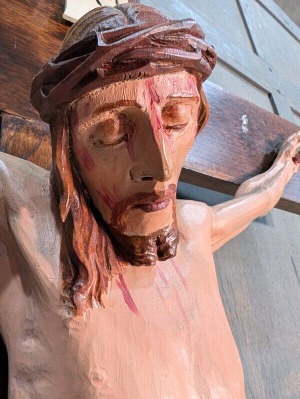 Large Carved Wooden German Crucifix Painted Lime Wood Figure on Oak Cross