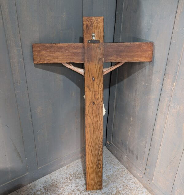 Large Carved Wooden German Crucifix Painted Lime Wood Figure on Oak Cross