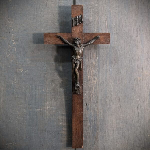 Heavy Small to Medium Size Antique Metal & Oak Crucifix from Deal Convent