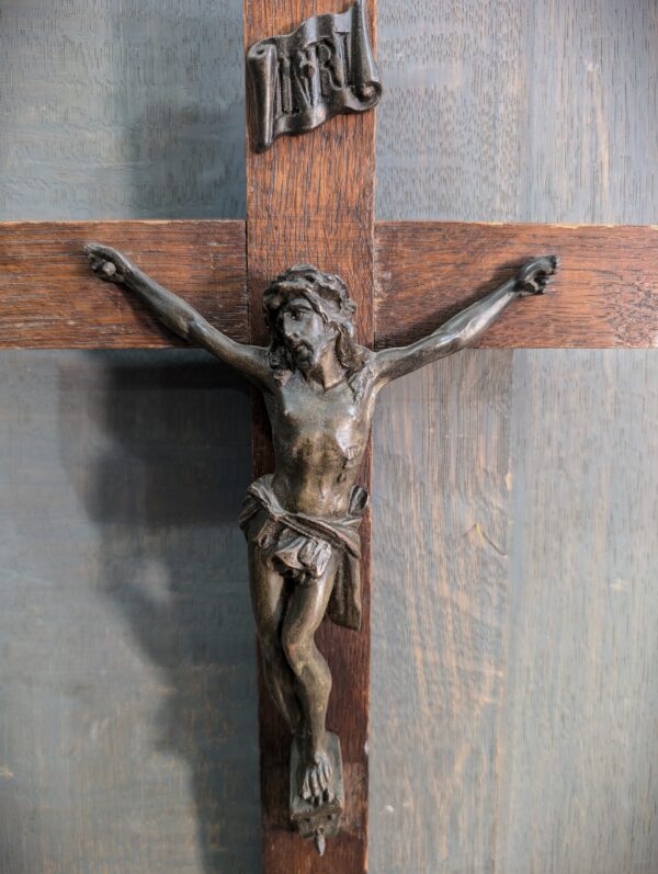 Heavy Small to Medium Size Antique Metal & Oak Crucifix from Deal Convent