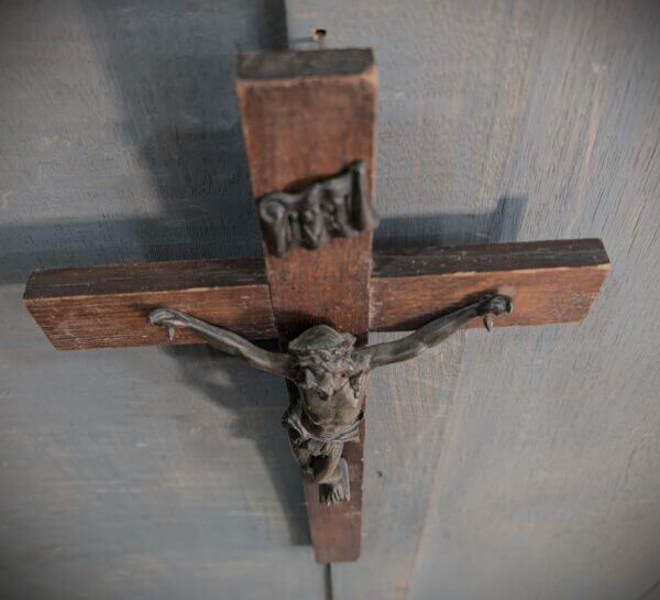 Heavy Small to Medium Size Antique Metal & Oak Crucifix from Deal Convent