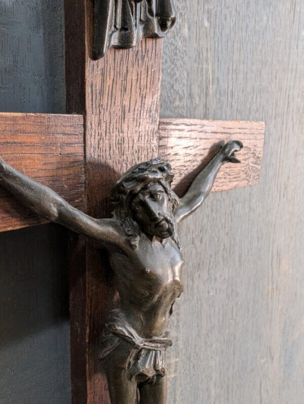 Heavy Small to Medium Size Antique Metal & Oak Crucifix from Deal Convent